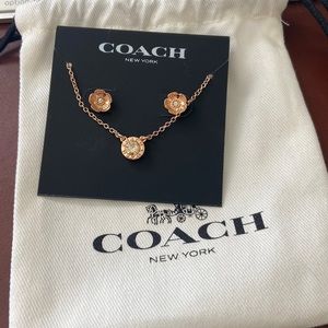 Coach Rose Gold Flower Studs & “Diamond” Pendant Neckace